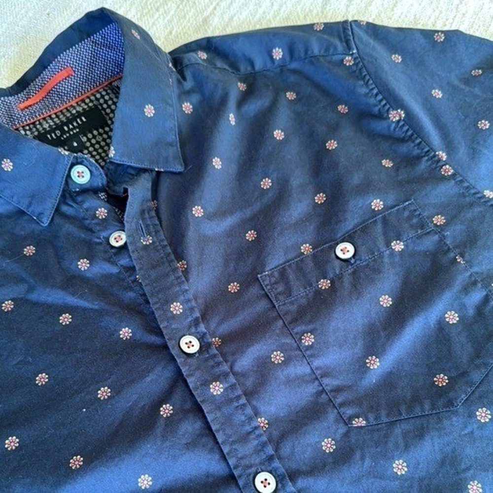 Ted Baker Short Sleeve Button Down Navy‎ Floral Print Tailored Mens Size 4 $105